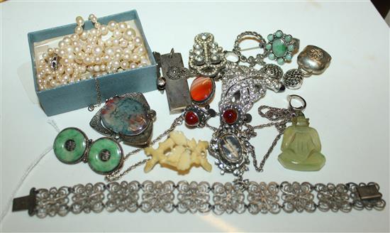 Jade Good Luck & Long Life silver brooch, silver ingot, sundry gems, silver, costume & marcasite jewellery, etc.